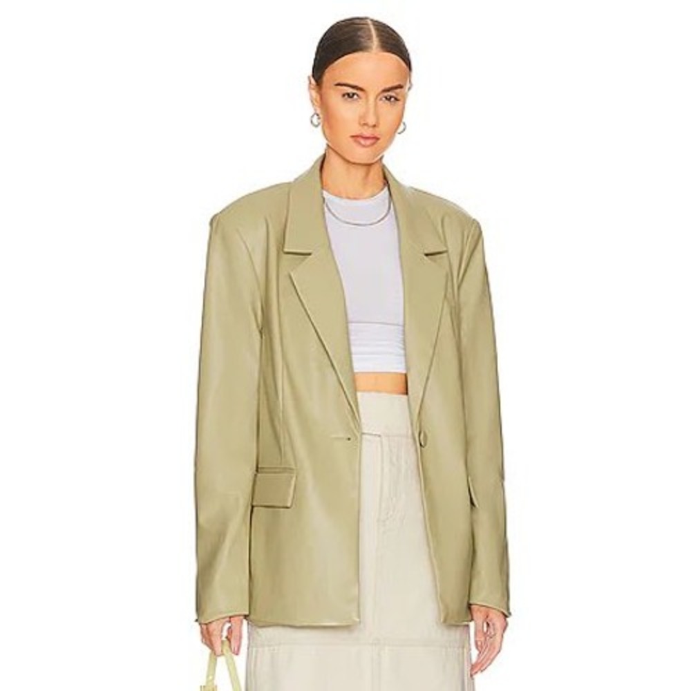 WeWoreWhat Vegan Leather Blazer Jacket Sage Green Beige Small Faux Leather